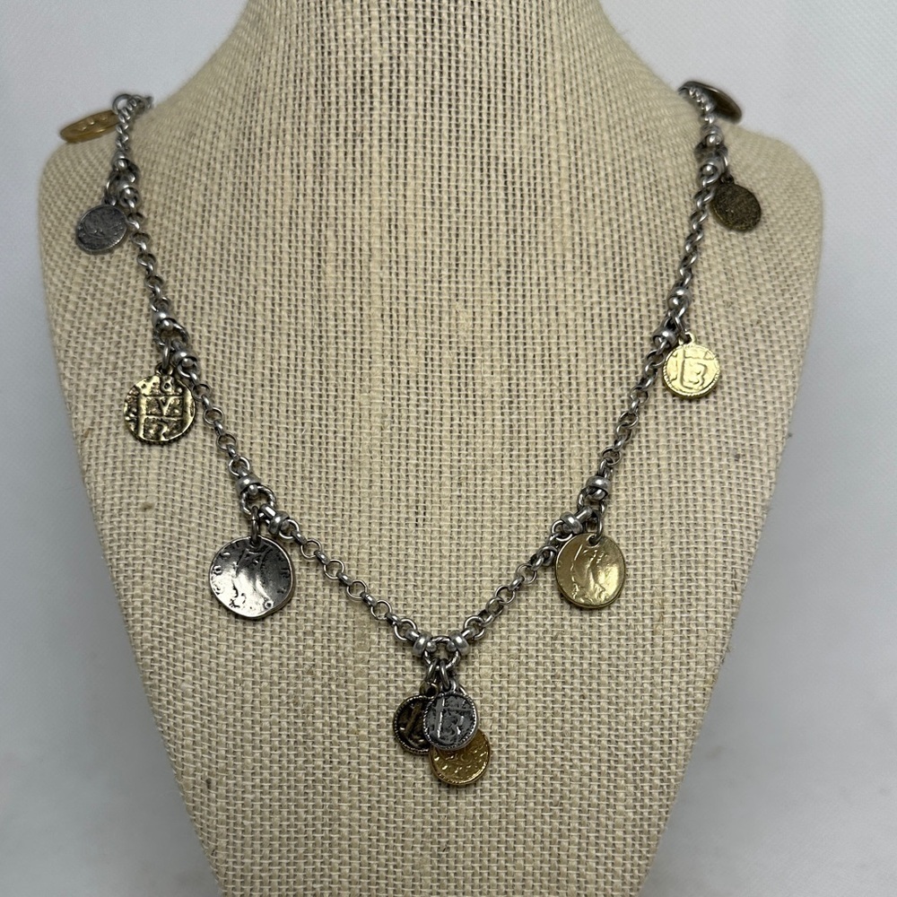 Chicoβs Silver & Gold Coin Necklace β 29β Long / 14.5β Drop (EUC)